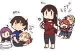  6+girls ahoge akagi_(kantai_collection) alternate_costume arashi_(kantai_collection) bangs betchan blonde_hair brown_hair closed_eyes closed_mouth commentary_request hagikaze_(kantai_collection) holding joy-con kaga_(kantai_collection) kantai_collection long_hair maikaze_(kantai_collection) multiple_girls nowaki_(kantai_collection) open_mouth pants ponytail purple_hair red_hair ring-con ring_fit_adventure shirt side_ponytail silver_hair simple_background sitting standing translation_request white_background 