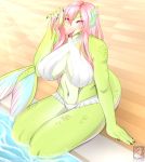  2020 5_fingers absurd_res adjusting_hair amabie asian_mythology breasts clothed clothing east_asian_mythology eyebrow_through_hair eyebrows finger_claws fingers green_body hair hi_res japanese_mythology marine merfolk mizuumi_(vixie00) mythology navel nipples partially_submerged pink_eyes pink_hair sitting solo translucent translucent_hair vixie00 water white_clothing white_pupils yōkai 