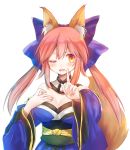  1girl ;o animal_ear_fluff animal_ears artist_request bare_shoulders blue_kimono blue_ribbon blush breasts cleavage commentary commentary_request detached_sleeves fate/extella fate/extra fate/grand_order fate_(series) fox_ears fox_girl fox_tail hair_ribbon hand_on_own_chest highres index_finger_raised japanese_clothes kimono large_breasts looking_at_viewer one_eye_closed open_mouth pink_hair ribbon simple_background solo tail tamamo_(fate)_(all) tamamo_no_mae_(fate) white_background yellow_eyes 