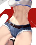  1girl abs bandeau belt breasts brown_belt cutoffs denim denim_shorts fate/grand_order fate_(series) groin groin_tendon head_out_of_frame highres jacket medium_breasts mordred_(fate)_(all) nasaniliu navel shorts solo thighs 