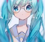  1girl aqua_eyes aqua_hair collar collared_shirt commentary crying crying_with_eyes_open eighth_note expressionless glasses hatsune_miku kisakibu long_hair long_neck looking_at_viewer musical_note musical_note_print sailor_collar school_uniform shirt solo tears twintails upper_body vocaloid white_collar 