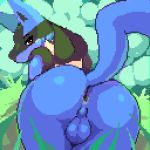  1:1 2020 anus backsack balls blue_body blue_fur butt canid canine celescario fur genitals looking_at_viewer looking_back lucario male mammal nintendo pok&eacute;mon pok&eacute;mon_(species) rear_view red_eyes solo video_games 