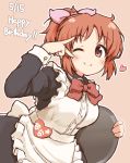  1girl abe_nana arm_up blush bow breasts brown_eyes brown_hair closed_mouth dated eyebrows_visible_through_hair happy_birthday heart hemoglosso holding holding_tray idolmaster idolmaster_cinderella_girls looking_at_viewer maid medium_breasts one_eye_closed protected_link red_bow short_hair short_ponytail smile solo tray v_over_eye 