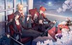  1girl 2boys alcohol blonde_hair bottle choker cup drinking_glass fingerless_gloves food food_fantasy formal gingerbread_(food_fantasy) glass gloves highres holding holding_cup horns long_hair multiple_boys navel_cutout pointy_ears ponytail purple_hair red_eyes red_hair red_wine_(food_fantasy) short_hair short_ponytail shoulder_pads sitting skirt smile steak_(food_fantasy) suit sword symbol-shaped_pupils table weapon wine_bottle wine_glass 