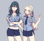 2girls alternate_costume bangs blue_background blue_eyes blue_hair blue_neckwear blue_shirt blue_skirt blush breast_hold breasts byleth_(fire_emblem) byleth_(fire_emblem)_(female) cleavage closed_mouth collared_shirt contemporary cowboy_shot crossed_arms dog_tags edelgard_von_hresvelg eyebrows_visible_through_hair fire_emblem fire_emblem:_three_houses forehead groin hair_between_eyes hair_ribbon hand_on_hip highres jewelry large_breasts long_hair looking_at_viewer medium_breasts medium_hair midriff miniskirt multiple_girls navel necklace necktie open_mouth parted_bangs police police_uniform policewoman purple_eyes ribbon shirt short_sleeves side_slit silver_hair simple_background skirt thighs uniform wing_collar yudepan_(yuri_no_sugata) 