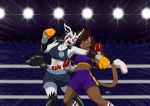  2020 anthro audience black_body black_eye_(injury) black_fur bottomwear boxing boxing_gloves bra brown_body brown_fur brown_hair canid canine clothing deborah_bispo defeated domestic_cat duo felid feline felis female fighting_ring fur grey_body grey_fur group hair handwear mammal mightyena mouthguard nintendo pok&eacute;mon pok&eacute;mon_(species) shorts sport sports_bra underwear video_games wendel_fragoso 