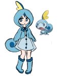  1girl blue_eyes blue_footwear blue_hair blue_theme boots creature creature_and_personification full_body gen_8_pokemon highres personification pokemon pokemon_(creature) short_hair simple_background sobble stelledair white_background 