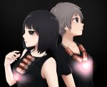  2girls bangs bare_arms bare_shoulders battery black_background black_hair black_shirt bob_cut breasts brown_eyes closed_mouth commentary_request english_text frown glowing grey_hair heart heart_necklace jewelry large_breasts looking_away multiple_girls necklace original parted_lips pendant profile shirt short_hair short_sleeves sleeveless small_breasts symbolism upper_body yajirushi_(chanoma) 