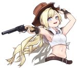  1girl bangs belt black_panties blonde_hair blue_eyes blush breasts brown_belt brown_gloves colt_m1873_(girls_frontline) colt_saa cowboy_hat cropped_torso eyebrows_visible_through_hair facial_mark fringe_trim fur_collar girls_frontline gloves gun handgun hat highleg highleg_panties highres holding holding_gun holding_weapon long_hair mari0ball midriff navel open_mouth panties partly_fingerless_gloves pistol revolver shadow shirt simple_background small_breasts solo star tied_shirt twintails underwear weapon white_background 