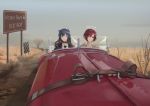  2girls absurdres alternate_costume animal_ears arknights bangs belt_buckle black_jacket blue_hair blurry blurry_background brown_eyes buckle car chinese_commentary cjmy collared_shirt commentary_request convertible driving exusiai_(arknights) grass grey_sky ground_vehicle halo highres jacket long_hair motor_vehicle multiple_girls necktie outdoors parted_lips red_hair road_sign shirt short_hair sign texas_(arknights) vehicle_request white_shirt wing_collar yellow_jacket 