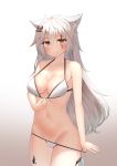  1girl animal_ears arknights bangs bare_arms bare_shoulders bikini bikini_pull blush breasts collarbone commentary cowboy_shot deaver eyebrows_visible_through_hair gradient gradient_background grey_background grey_eyes groin hair_between_eyes hair_ornament hairclip halterneck highres lappland_(arknights) long_hair looking_at_viewer medium_breasts navel ore_lesion_(arknights) scar scar_across_eye silver_hair smile solo standing stomach swimsuit thighs very_long_hair white_background white_bikini wolf_ears 