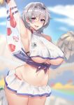  1girl alternate_costume arm_up armpits azur_lane bangs bare_shoulders black_hairband blurry blurry_background blush breasts cheerleader clothes_writing cloud collarbone commentary_request cowboy_shot crop_top day eyebrows_visible_through_hair grey_hair groin hair_between_eyes hairband hand_up highres kuavera large_breasts looking_at_viewer miniskirt navel open_mouth outdoors pom_poms purple_eyes reno_(azur_lane) reno_(biggest_little_cheerleader)_(azur_lane) shiny shiny_hair short_hair skirt smile solo standing standing_on_one_leg thighs tongue underboob upper_teeth white_footwear white_skirt wide_hips 