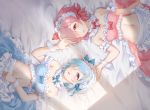  2girls aqua_eyes blue_hair blush bow headband maid navel pink_hair ram_(re:zero) re:zero_kara_hajimeru_isekai_seikatsu rem_(re:zero) shangguan_feiying short_hair twins 