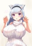  1girl absurdres animal_ears azur_lane blush breasts dido_(azur_lane) eyebrows_visible_through_hair hair_ornament hairband highres huge_breasts kanno_esuto large_breasts long_hair looking_at_viewer paw_pose purple_eyes ribbed_sweater silver_hair sleeveless_sweater solo sweater white_sweater 