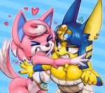  &lt;3 angry animal_crossing ankha_(animal_crossing) anthro big_breasts blue_hair bottomless breast_squish breasts canid canine canis chest_tuft cleavage clothed clothing conditional_dnp domestic_cat duo ear_piercing ear_ring egyptian excited eyes_closed felid feline felis female female/female fist freya_(animal_crossing) hair happy hug huge_breasts mammal nintendo open_mouth piercing pink_body squish teckworks tuft video_games wide_hips wolf yellow_body 