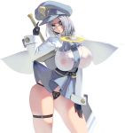  1girl black_gloves black_panties blue_eyes breasts eyebrows_visible_through_hair eyepatch gloves grey_hair halo hat highres holding holding_sword holding_weapon large_breasts looking_at_viewer masao original panties pantyshot peaked_cap short_hair solo sword thigh_strap underwear weapon white_background wings 