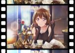  1girl audrey_hepburn breakfast_at_tiffany&#039;s cigarette_holder cosplay dress elbow_gloves film_strip gloves hair_ornament highres holly_golightly holly_golightly_(cosplay) jewelry looking_at_viewer love_live! love_live!_school_idol_festival_all_stars necklace ousaka_shizuku ribbon shamakho table 