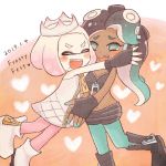  &lt;3 1:1 2019 animal_humanoid biped black_clothing blue_eyes blush boots buke3jp cephalopod cephalopod_humanoid clothing crown dated duo english_text eyes_closed female fingerless_gloves footwear gloves handwear hi_res hug humanoid inkling marina_(splatoon) marine marine_humanoid mollusk mollusk_humanoid nintendo octarian octoling off_the_hook_(splatoon) open_mouth open_smile pearl_(splatoon) pseudo_hair simple_background smile splatoon tentacle_hair tentacles text video_games 