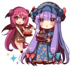  2girls :&gt; alternate_costume bat_wings black_dress blue_bow blue_dress blue_headwear blush bow chibi china_dress chinese_clothes commentary cup double_bun dress fang hair_bow hat head_wings holding holding_tray kirero koakuma long_hair long_sleeves mob_cap multiple_girls open_mouth patchouli_knowledge purple_eyes purple_hair red_bow red_hair simple_background sleeveless sleeveless_dress sparkle teacup teapot touhou tray very_long_hair white_background wings 