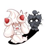  alcremie commentary creature english_commentary eye_contact full_body gen_7_pokemon gen_8_pokemon looking_at_another marshadow marshadow_(gloom) no_humans pokemon pokemon_(creature) shadow simple_background stelledair white_background 