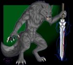  absurd_res anthro blood bodily_fluids canid canine dungeons_and_dragons fur grey_body grey_fur hasbro hi_res magic magic_user male mammal melee_weapon pawpads red_eyes solo_focus sword weapon were werecanid werecanine werewolf wizards_of_the_coast zikeny 