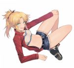  1girl absurdres arm_support bandeau blonde_hair boots breasts denim denim_shorts fate/grand_order fate_(series) green_eyes groin hand_on_own_knee highres jacket looking_at_viewer mordred_(fate)_(all) navel ponytail reclining red_jacket red_scrunchie scrunchie shorts small_breasts smile solo white_background yorukun 