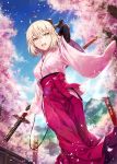  1girl :d ahoge arm_guards arm_up bangs banner black_bow blonde_hair blue_sky blush bow breasts cherry_blossoms commentary_request day eyebrows_visible_through_hair fate/grand_order fate_(series) feet_out_of_frame from_below gabiran hair_bow hakama hip_vent holding holding_sword holding_weapon japanese_clothes katana kimono light_rays long_sleeves looking_at_viewer medium_breasts okita_souji_(fate) okita_souji_(fate)_(all) open_mouth outdoors pagoda petals pink_bow pink_hakama pink_kimono round_teeth sheath sheathed short_hair sky smile solo spring_(season) sunbeam sunlight sword teeth tree upper_teeth walking weapon wide_sleeves yellow_eyes 