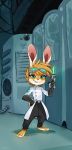  2017 anthro ash_bunny_(skeleion) barefoot clothed clothing coat detailed_background eyewear fully_clothed fur goggles green_eyes head_tuft hi_res holding_object lab_coat lagomorph leporid looking_at_viewer mammal rabbit skeleion solo standing syringe topwear tuft yellow_body yellow_fur 