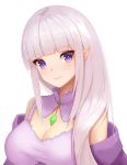  1girl abeen_jhong absurdres bangs bare_shoulders blunt_bangs blush breasts camisole cleavage closed_mouth commentary_request detached_collar elf emerald_(gemstone) emilia_(re:zero) gem highres long_hair looking_at_viewer medium_breasts pointy_ears purple_eyes re:zero_kara_hajimeru_isekai_seikatsu sidelocks silver_hair smile solo upper_body 