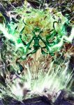  1girl breasts covered_navel curly_hair dress electricity flipped_hair floating floating_rock full_body green_dress green_eyes green_hair ground_shatter highres impossible_clothes impossible_dress legs legs_together levitation one-punch_man pelvic_curtain powering_up rape_face side_slit small_breasts solo tatsumaki telekinesis the_golden_smurf thighs 