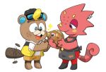  animal_crossing anthro beaver blush buckteeth c.j._(animal_crossing) chameleon choker clothing common_dab duo eyewear fish flick_(animal_crossing) goth hat headgear headwear hi_res jewelry lizard male male/male mammal marine necklace nintendo red_body red_scales reptile rodent scales scalie sockopunch sunglasses tailwag teeth video_games 
