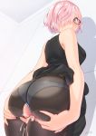  1girl ass bare_arms black_dress black_legwear breasts censored closed_mouth dress fate/grand_order fate_(series) glasses hair_over_one_eye hands_on_ass highres mash_kyrielight mosaic_censoring nanahime panties panties_under_pantyhose pantyhose pink_hair purple_eyes pussy_juice shadow short_hair sleeveless sleeveless_dress solo torn_clothes torn_legwear underwear white_panties 