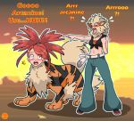  2020 alternate_species arcanine blue_eyes blush bottomwear breasts clothing dialogue duo female flannery_(pok&eacute;mon) gym_leader hair head_swap humanoid navel nintendo open_mouth pants pok&eacute;mon pok&eacute;mon_(species) red_hair sera-fuku standing surprise transformation video_games what 