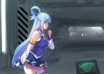  1girl a1 aqua_(konosuba) bare_shoulders blue_dress blue_eyes blue_hair breasts commentary_request controller cowboy_shot detached_sleeves dress hair_rings kono_subarashii_sekai_ni_shukufuku_wo! long_hair medium_breasts pov sleeveless sleeveless_dress solo standing thighhighs tunnel white_legwear 