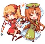  2girls adapted_costume arm_up beret black_legwear blonde_hair blush bow braid chibi china_dress chinese_clothes commentary crystal dress flandre_scarlet flower full_body green_dress green_headwear hair_bow hair_flower hair_ornament hat hong_meiling kirero long_hair long_sleeves looking_at_viewer multiple_girls one_eye_closed open_mouth orange_eyes orange_hair outstretched_arm pose red_bow red_dress red_eyes rose side_ponytail simple_background smile star touhou white_background white_dress wings 