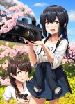  2girls :d alternate_costume black_hair blue_skirt blue_sky blush braid brown_eyes brown_hair camera cherry_blossoms clothes_writing cloud collarbone cowboy_shot day eyebrows_visible_through_hair flower ground_vehicle hair_between_eyes highres holding holding_camera ichikawa_feesu isonami_(kantai_collection) kantai_collection long_hair multiple_girls open_mouth shirt short_sleeves single_braid skirt sky smile smoke tongue tongue_out train twin_braids uranami_(kantai_collection) white_shirt yellow_flower 