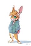 2016 3_toes alien anthro ash_bunny_(skeleion) barefoot bottomless cheek_tuft clothed clothing ear_piercing facial_tuft featureless_crotch feet fur green_eyes grin head_tuft hoodie hybrid lagomorph leporid mammal piercing rabbit simple_background skeleion smile solo standing toes topwear tuft white_background yellow_body yellow_fur 