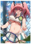  1girl absurdres azur_lane ball bangs blue_sky blurry_foreground blush breasts bremerton_(azur_lane) bremerton_(scorching-hot_training)_(azur_lane) chain-link_fence cloud collarbone commentary_request covered_nipples cowboy_shot crop_top crop_top_overhang day eyebrows_visible_through_hair fence green_skirt grey_hair groin hair_between_eyes hair_intakes hair_ornament hairclip highres holding_racket large_breasts lens_flare long_hair looking_down midriff multicolored_hair natsuichi-sama navel no_mole open_mouth outdoors pink_eyes pink_hair racket shirt sidelocks skirt sky sleeveless sleeveless_shirt solo sportswear standing streaked_hair sweat tennis tennis_ball tennis_racket tennis_uniform twintails two-tone_hair two-tone_shirt two-tone_skirt underboob wavy_mouth white_shirt white_skirt x_hair_ornament 