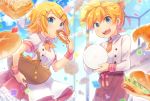  1boy 1girl :d apron basket blonde_hair blue_eyes bread brother_and_sister carrying_under_arm commentary_request confetti cowboy_shot crescent croissant day earrings eating eyebrows_visible_through_hair flower_earrings food hair_ornament hairclip highres holding holding_food holding_plate jewelry kagamine_len kagamine_rin long_sleeves looking_at_viewer neckerchief necktie open_mouth orange_neckwear petticoat plate ponytail puffy_short_sleeves puffy_sleeves red_skirt reki_(arequa) sandwich short_hair short_sleeves siblings skirt smile star twins vocaloid white_apron wrist_cuffs 