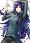  1girl ameno_(a_meno0) arm_up bangs bed_sheet black_bodysuit blue_hair blue_shirt bodysuit commentary_request cowboy_shot eyelashes fingerless_gloves fire_emblem fire_emblem_awakening gloves gold_trim hair_between_eyes hair_spread_out holding holding_pillow long_hair long_sleeves looking_at_viewer lucina_(fire_emblem) lying on_back on_bed parted_lips pillow shiny shiny_hair shirt solo tiara turtleneck 