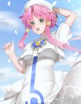  1girl :d absurdres aria blue_sky blush cloud dress dress_lift floating_hair green_eyes hair_intakes hair_tubes hand_on_headwear hat highres kamehito looking_at_viewer mizunashi_akari open_mouth petals pink_hair shiny shiny_hair short_hair_with_long_locks short_sleeves sidelocks sky smile solo standing white_dress white_headwear wind wind_lift 