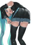  1girl adjusting_clothes adjusting_legwear bent_over black_legwear black_shirt black_skirt black_sleeves blue_eyes blue_hair blue_nails breasts detached_sleeves from_behind hatsune_miku headset highres long_hair long_sleeves microphone miniskirt nail_polish open_mouth pleated_skirt rsk_(tbhono) shirt simple_background skirt sleeveless sleeveless_shirt small_breasts solo standing thighhighs twintails very_long_hair vocaloid white_background 