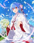  1girl blue_hair blue_sky blush bouquet church day falkyrie_no_monshou flower hair_between_eyes hair_ribbon japanese_clothes kimono natsumekinoko official_art open_mouth outdoors red_eyes red_ribbon ribbon sidelocks sky standing tassel tied_hair uchikake watermark white_kimono wide_sleeves 