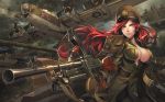  1girl aircraft airplane black_gloves blue_eyes breasts bren_lmg cleavage collarbone eyebrows_visible_through_hair gloves green_headwear gun hat highres holding holding_gun holding_weapon ikegami_noroshi large_breasts long_hair looking_at_viewer military original parted_lips red_hair smile solo very_long_hair weapon 