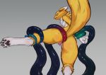  anal anal_penetration anthro big_butt butt digimon digimon_(species) female genitals grey_background hands_behind_back hi_res looking_at_viewer looking_back napalm_express penetration pussy questionable_consent raised_leg renamon simple_background solo tentacle_sex tentacles thick_thighs unamused 