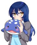  1girl artist_name blue_hair blush brown_eyes closed_mouth eyebrows_visible_through_hair highres holding holding_stuffed_animal long_hair long_sleeves looking_at_viewer love_live! love_live!_school_idol_project solo sonoda_umi stuffed_animal stuffed_toy stuffed_whale sweetie_cyanide twitter_username upper_body 