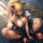  1girl animal_ears arknights black_nails blonde_hair breasts brown_eyes cleavage closed_mouth collarbone highres ikegami_noroshi large_breasts lion_ears lion_tail long_hair long_sleeves looking_at_viewer ponytail siege_(arknights) sitting sleeveless solo tail thick_thighs thighs 
