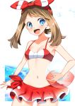  1girl :d ball bangs beachball bikini bikini_skirt blue_eyes breasts brown_hair cleavage collarbone cowboy_shot eyebrows_visible_through_hair haruka_(pokemon) highres holding holding_ball long_hair looking_at_viewer miniskirt navel open_mouth pokemon pokemon_(game) pokemon_oras red_bikini red_skirt shiny shiny_hair simple_background skirt small_breasts smile solo standing swept_bangs swimsuit twintails white_background yuihiko 