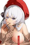  1girl absurdres artist_name azur_lane bangs bare_shoulders belfast_(azur_lane) belfast_(shopping_with_the_head_maid)_(azur_lane) beret black_bow bow breasts brown_sweater censored collar collarbone earrings eyebrows_visible_through_hair food food_in_mouth hair_bow hand_on_own_cheek hat highres hoop_earrings jewelry large_breasts long_sleeves mouth_hold nail_polish nike1060 off-shoulder_sweater off_shoulder parted_lips pink_lips pocky red_headwear red_nails ribbed_sweater silver_hair simple_background solo striped striped_bow sweater swept_bangs upper_body white_background 