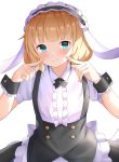  1girl apron bangs black_ribbon black_skirt blonde_hair blue_eyes blunt_bangs blush closed_mouth collared_shirt eyebrows_visible_through_hair fleur_de_lapin_uniform frilled_apron frills gochuumon_wa_usagi_desu_ka? headdress highres index_finger_raised kirima_sharo looking_at_viewer medium_hair neck_ribbon raru0310 ribbon shirt short_sleeves simple_background skirt smile solo waist_apron white_apron white_background white_shirt wing_collar wrist_cuffs 